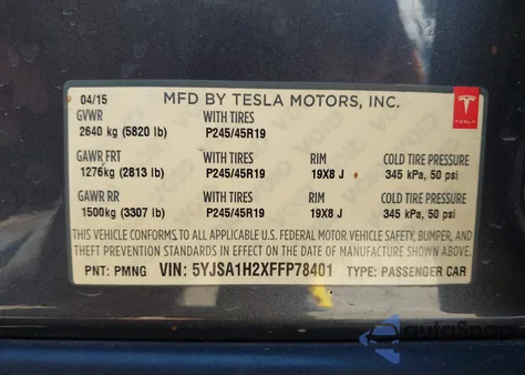 2015 Tesla Model S 70D/85D/P85D z USA, uszkodzony, nr VIN 5YJSA1H2XFFP78401